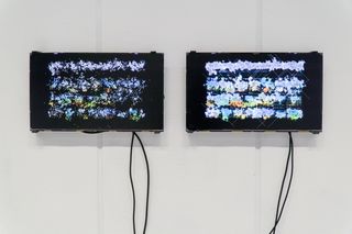 Installation view of one work of the series 'Will it appear, or will it represent forever?' after it has run for a while with google search screenshot with the search term 'cezanne st victoire'